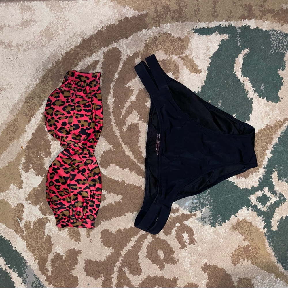 Leopard print bandeau push up bikini top and dual banded swim bottom